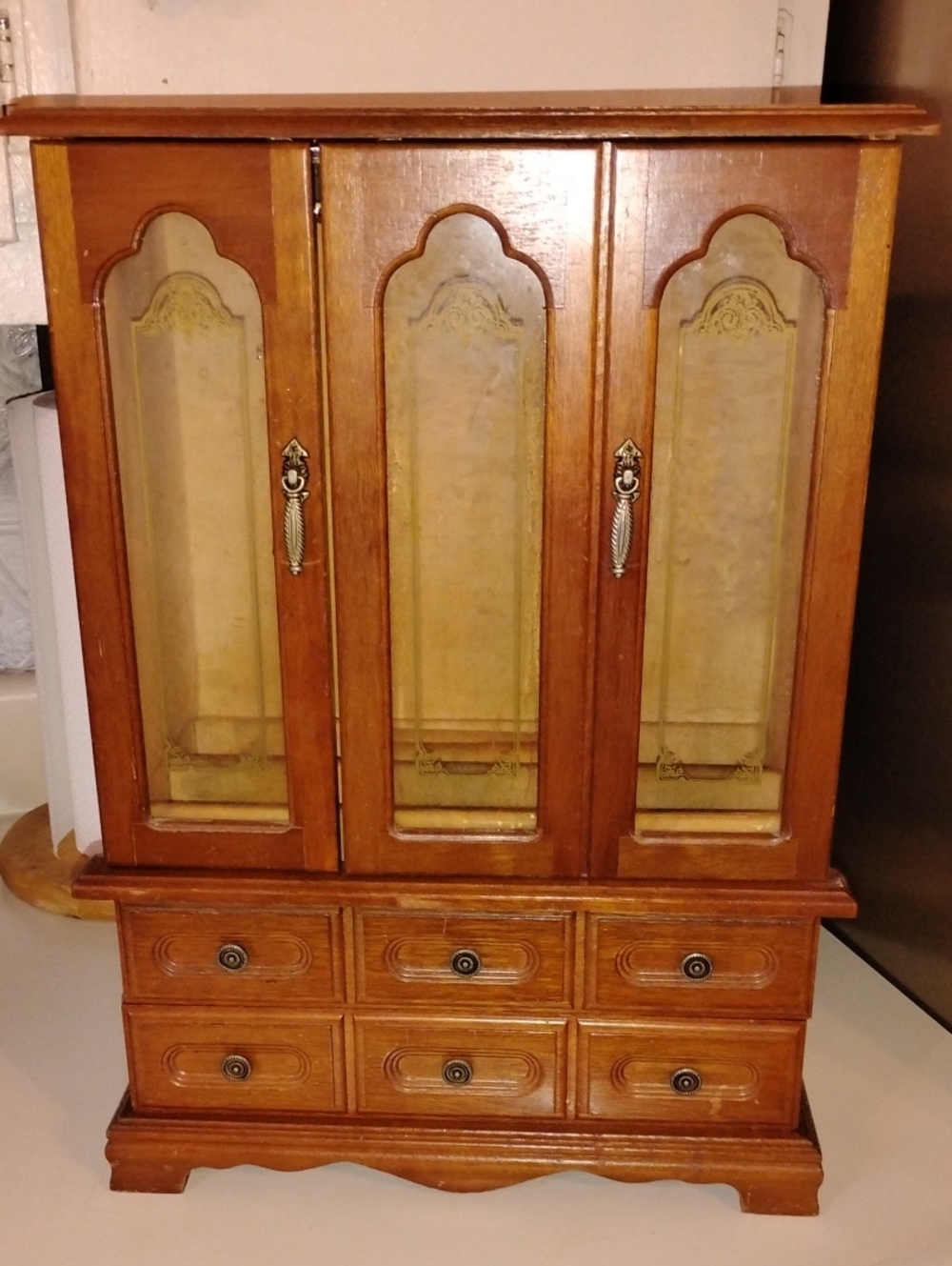 Vintage Wood Jewelry Armoire- Dresser Top Style TLC 12.5 L X 5.5 W X 17.5 H